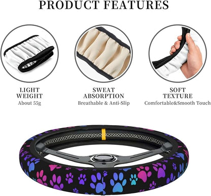 Paw Print Steering Wheel Cover for Women, Universal Auto Steering Wheel 14-15 Inch Car Interior Accessories with 2PCS Car Coasters, Suitable for Men and Women
