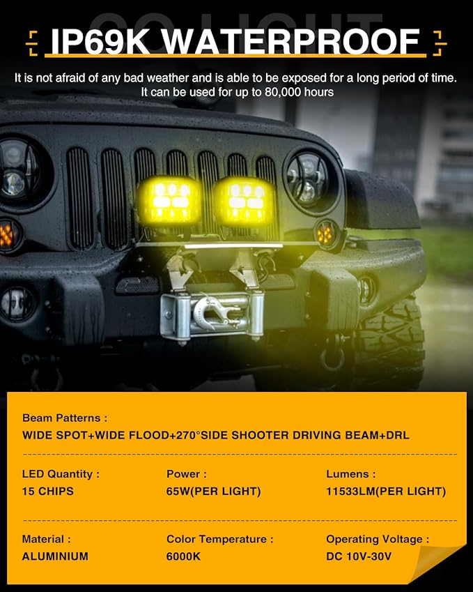 CO LIGHT 5 Inch Amber 130W LED Cube Pods Offroad Driving Light with Side Shooter 11533LM Super Bright Square Offroad Lights with 270°Combo Beam Ditch Light Amber DRL for Offroad ATV Truck Pickup