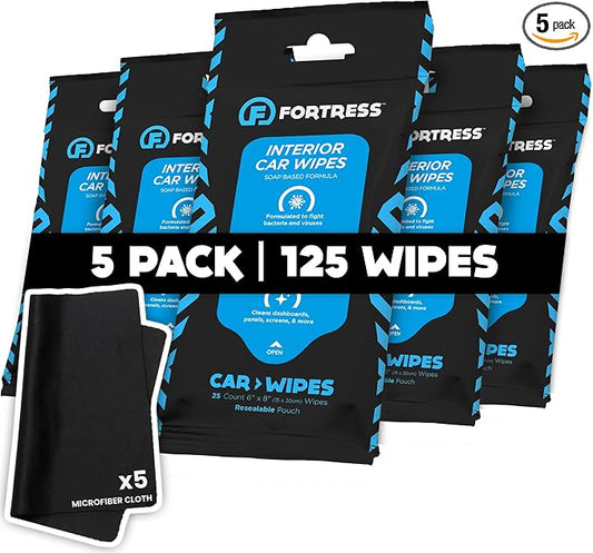 Fortress Car Wipes with Microfiber Cloth (25 ct, Pack of 5) for Interior Cleaning, Dashboard, Seats, Detailing, Steering Wheel [Travel Size] Skin-Safe Cleaner Supplies