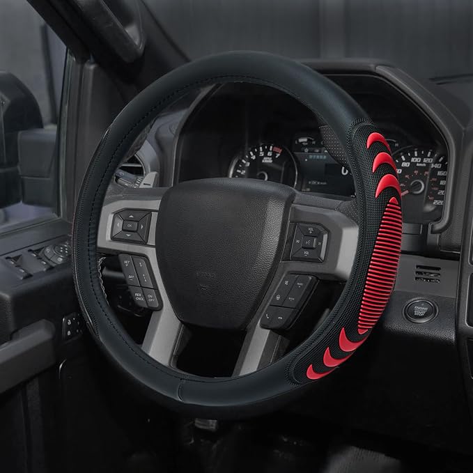 Yangday Leather Steering Wheel Cover for Ford F150 F250 F350, 15.5-16 inches Car Steering Wheel Cover with Anti-Slip Massage Particle (Red)