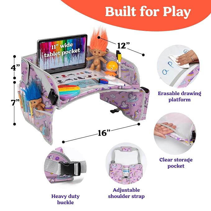 PILLANI Kids Travel Tray for Car - Carseat Tray for Toddler, Road Trip Must Haves with Cup Holder & Drawing Board - Toddler Airplane Travel Essentials for Girls - Car Accessories for Kids