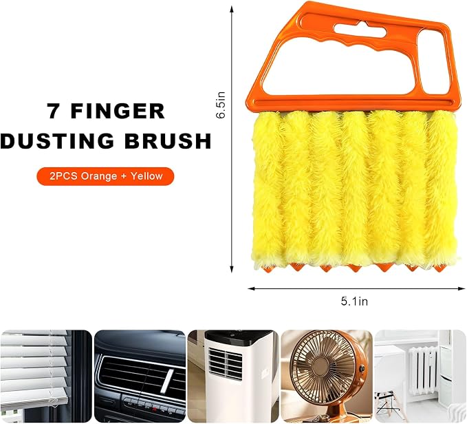 2 PCS Blind Cleaner Duster Tool, 7 Finger Handheld Duster Window Shutters Dusting Cleaner Brush, Washable Mini Blinds Dust Cleaning Tools for Car Air Conditioner Vent (Orange+Yellow)