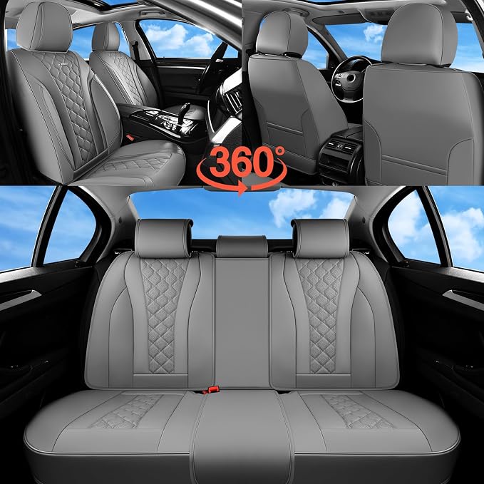 Coverado Leather Seat Covers, Car Seat Covers Full Set, Perforated Diamond Leather Car Seat Cover, Waterproof Car Seat Protector Seat Cushion, Universal 5 Seats Seat Cover Fit for Most Cars, Gray