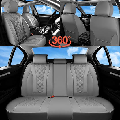 Coverado Leather Seat Covers, Car Seat Covers Full Set, Perforated Diamond Leather Car Seat Cover, Waterproof Car Seat Protector Seat Cushion, Universal 5 Seats Seat Cover Fit for Most Cars, Gray
