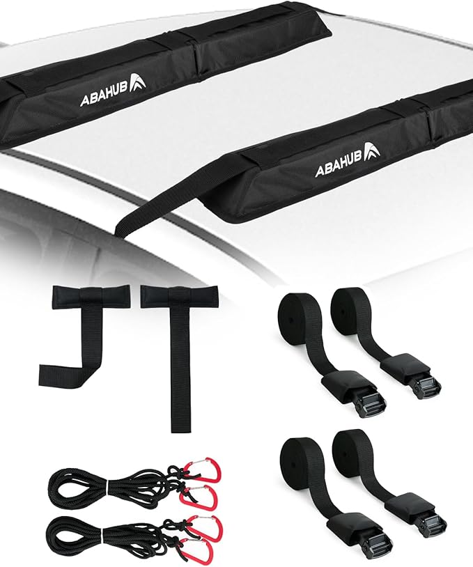 Abahub Soft Roof Rack Pads with 2 Tie Down Straps, 2 Tie Down Ropes, 2 Hood Loops and Storage Bag, for Surfboard, Kayak, Canoe, Heavy Duty Universal Car Roof Racks System