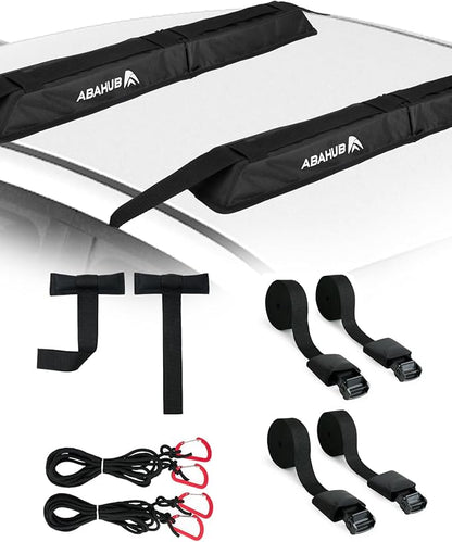 Abahub Soft Roof Rack Pads with 2 Tie Down Straps, 2 Tie Down Ropes, 2 Hood Loops and Storage Bag, for Surfboard, Kayak, Canoe, Heavy Duty Universal Car Roof Racks System