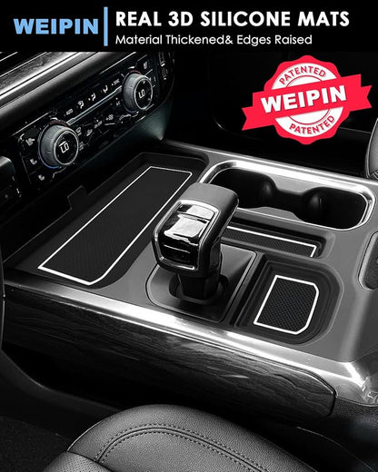 for 6PCS Refreshed Models 2022-2026 Silverado/Sierra 1500 & 2024-2026 Sierra 2500 3500 Console Liners-[3D High-Edge Liquid Silicone] Cup Holder Mats,Full Console w/Bucket Seats ONLY - White