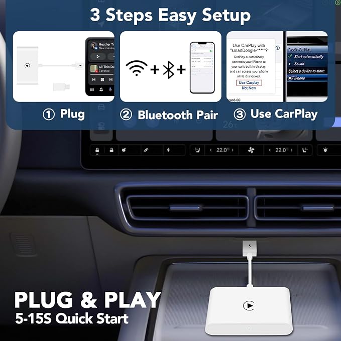 Wireless Carplay Adapter for Apple Carplay Wireless Adapter Convert Wired to Wireless CarPlay Dongle for Wireless Control Plug & Play Fit for Cars from 2015 for iPhone, White