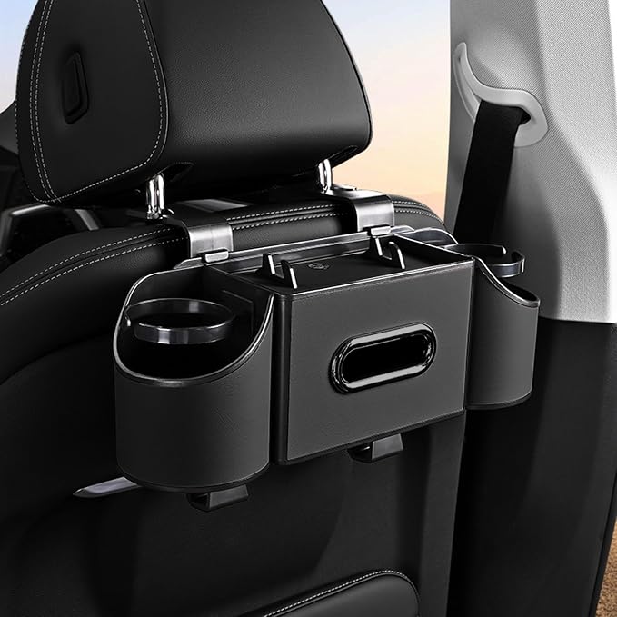 Back Seat Car Organizer,4 in 1 Multifunctional Car Back Seat Storage Box with Drink Cup Holder Tissue Box, for Hold Phone,Snacks, Drinks, Handbag-Black-2Packs