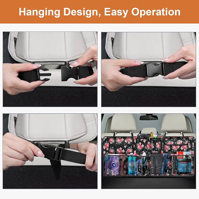 Car Trunk Organizer, Super Capacity Backseat Car Organizer for SUV/Truck/MPV(42"*18"), Hanging Car Storage Organizer with 8 Pocekts, Car Accessories for Women and Men- Floral