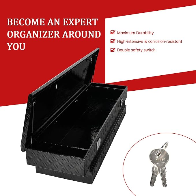70''Inch Aluminum Truck Tool Box Truck Bed Toolbox Truck Trailer Chest Box Trailer Underbody Storage Organizer Waterproof Square Storage Organizer w/Lock & Keys Black(‎69.88" Lx20 Wx14.75 H)