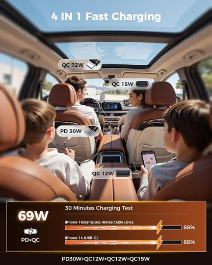 SUPERONE Retractable Car Charger, 69W Car Charger Adapter for iPhone 17 USB C Charger Fast Charging with Starry Light, Car Accessories Compatible with iPhone 17/16/15/14/13/12, iPad, Android, Pixel