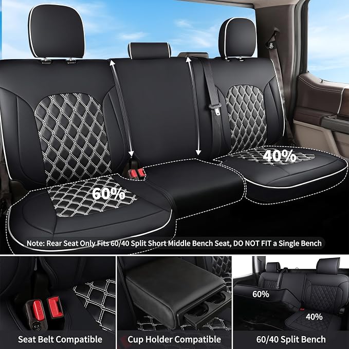 Huidasource Dodge Ram Seat Covers, Front & Rear Pickup Truck Leather Seat Cover Fit for 2009-2018 RAM 1500, 2010-2025 2500/3500 Crew Mega Cab, 2019-2025 RAM 1500 Classic only (Full Set/Black&White)