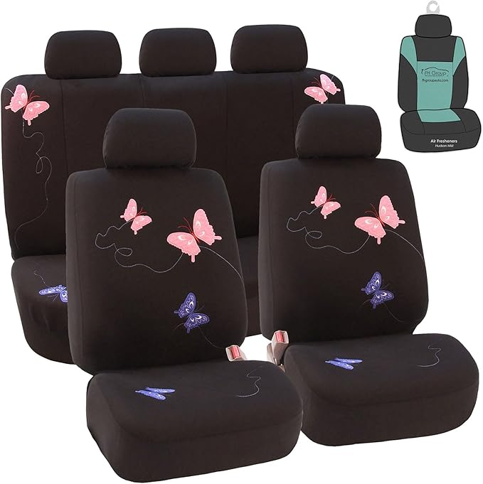FH Group Car Seat Covers Butterfly Embroidered Seat Covers Front Set with Gift - Universal Fit for Cars, Trucks & SUVs (Black) FB055115