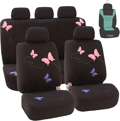 FH Group Car Seat Covers Butterfly Embroidered Seat Covers Front Set with Gift - Universal Fit for Cars, Trucks & SUVs (Black) FB055115