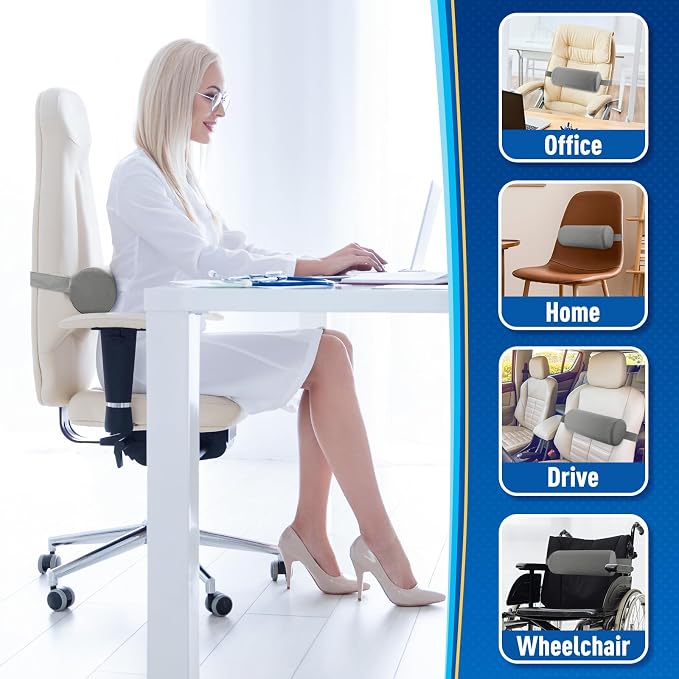 Lumbar Roll Support Pillow for Office Chair, Car, Gaming Chair, Memory Foam Back Cushion with Washable Cover for Relieving Back Pain & Improving Posture,Light Grey