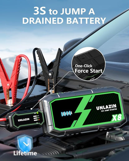 X8 Jump Starter 10000A Battery Jumper Starter Portable with Force Start, 12V Car Starter Jump Box & Battery Booster for All Gas & Diesel Engines, QC 3.0 Quick Charge, LED Light, Passenger Car