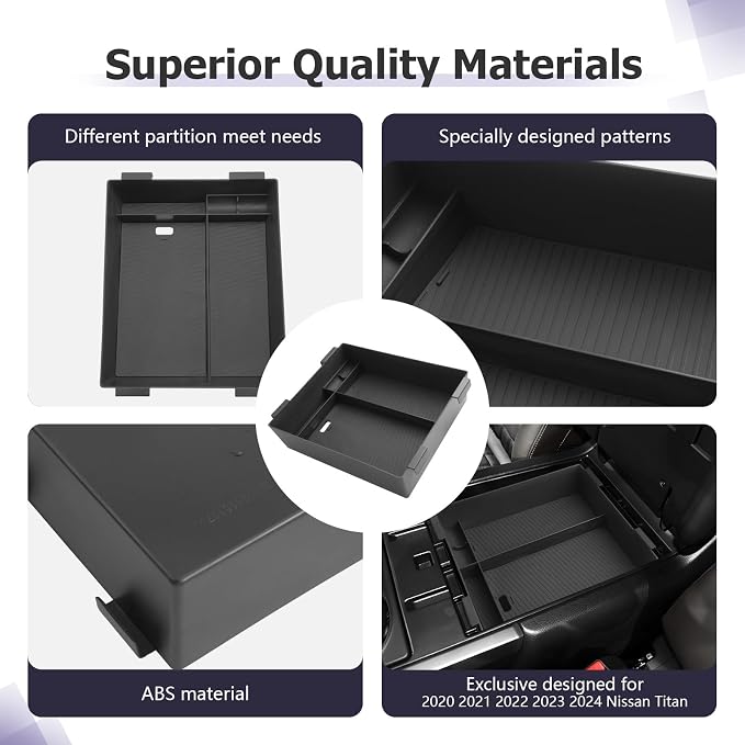 LUWU Titan 2025 Accessories Compatible with Nissan Titan 2020 2021 2022 2023 2024 2025 Center Console Organizer Armrest Console Storage Box Insert Tray ABS Material Black Coin Container Black