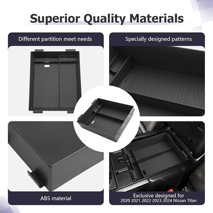 LUWU Titan 2025 Accessories Compatible with Nissan Titan 2020 2021 2022 2023 2024 2025 Center Console Organizer Armrest Console Storage Box Insert Tray ABS Material Black Coin Container Black