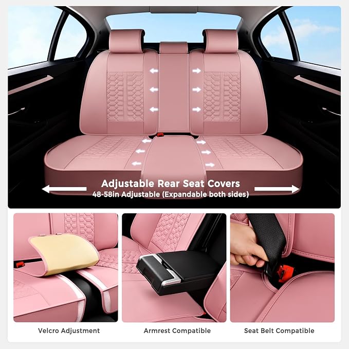 Huidasource Pink Car Seat Covers Full Set, Car Seat Covers Front and Rear Seat, Full Coverage Waterproof Leather Car Seat Cushion Cover Protector Universal Fit for Most Cars SUV Trucks
