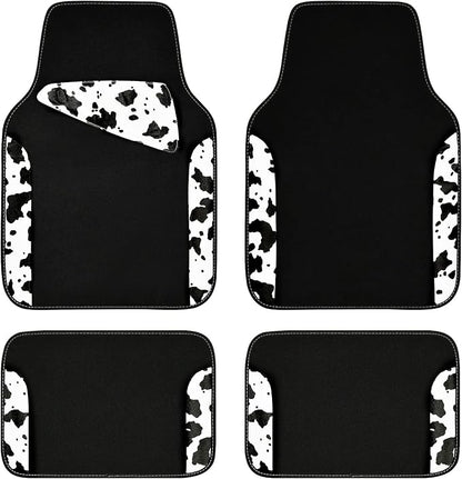 CAR PASS Waterproof Universal Fit Car Floor Mats, Cow Print Car Mats Fit for SUV,Vans,sedans, Trucks,Set of 4pcs Car Carpet with Driver Heel Pad and Nibs Backing,or Cute Women Girly Funny Black White