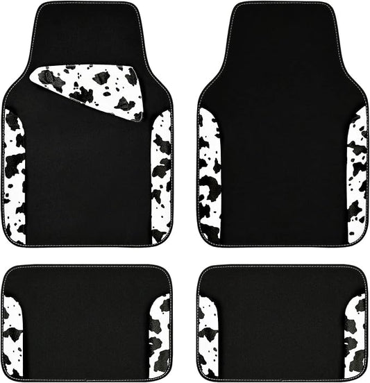 CAR PASS Waterproof Universal Fit Car Floor Mats, Cow Print Car Mats Fit for SUV,Vans,sedans, Trucks,Set of 4pcs Car Carpet with Driver Heel Pad and Nibs Backing,or Cute Women Girly Funny Black White