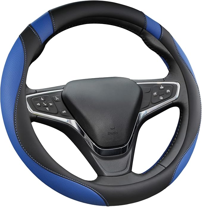 West Llama Customized Auto Car Steering Wheel Cover for Chevy 14.5-15 inches, Steering Wheel Cover for Chevrolet (Black+Blue - Standard Size)