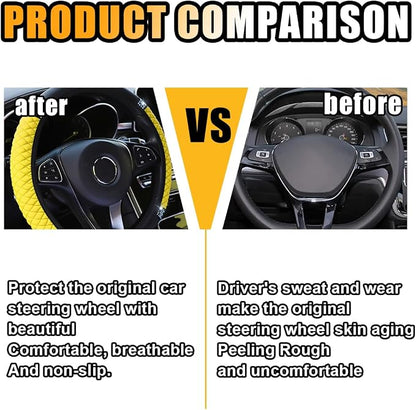 Bling Soft Leather Steering Wheel Cover, 15 Inch Colorful Rhinestones Auto Elastic Protector with Crystal Diamond for Women Girls, Car Accessories for Most Cars, SUVs (Yellow)