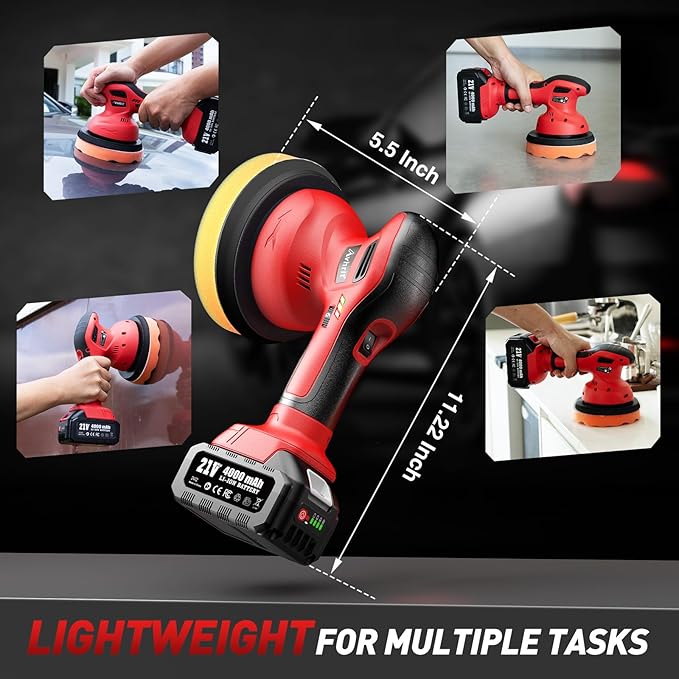 6 Inch Cordless Car Buffer Polisher: 2x4000mAh Batteries Car Buffer, Car Waxer Kit with 8 mm Orbit Block & 6 Speed Control (2500-6000 RPM) - for Car/Boat Detailing, Scratch Removal and Waxing