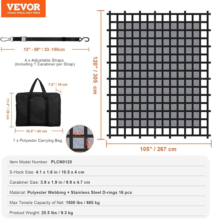 VEVOR Cargo Net with Mesh, 120 in x 105 in, Heavy Duty Truck Cargo Net-(WLL) 1,500lbs, 4 Adjustable Straps with Carabiners & S-Hooks, Truck Bed Cover for Trailer, Pickup, Boat, Jeep, SUV 8.75’x10’