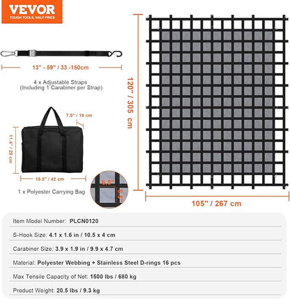 VEVOR Cargo Net with Mesh, 120 in x 105 in, Heavy Duty Truck Cargo Net-(WLL) 1,500lbs, 4 Adjustable Straps with Carabiners & S-Hooks, Truck Bed Cover for Trailer, Pickup, Boat, Jeep, SUV 8.75’x10’
