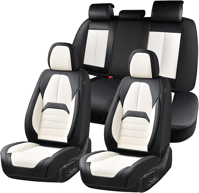 Coverado Car Seat Covers Full Set, Seat Covers for Cars, Automotive Seat Covers, Waterproof Nappa Leather Front Seats and Back Car Seat Protector, Universal Fit for Most Cars SUV Trucks,Black&White