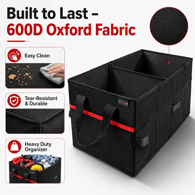 PAT SAM'S Car Trunk Organizer for SUV, Foldable Collapsible Storage Organizer with Dividers, Non-Slip Waterproof 600D Oxford, Backseat & Trunk Storage for Groceries, Tools, Toys (Black)