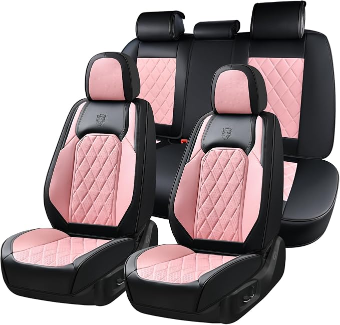 Coverado Leather Seat Covers, Car Seat Covers Full Set, Waterproof Faux Leather Pink & Black Seat Covers, Car Seat Protectors 5 Seats, Automotive Seat Covers Universal Fit for Most Cars SUV Trucks