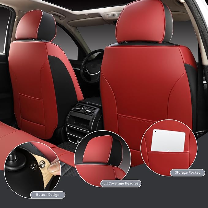 MINGBRON Car Seat Covers,Breathable and Waterproof Faux Leather Automotive Seat Covers for Cars SUV Pick-up Truck Sedan,Universal Anti-Slip Driver Seat Covers Wine Red
