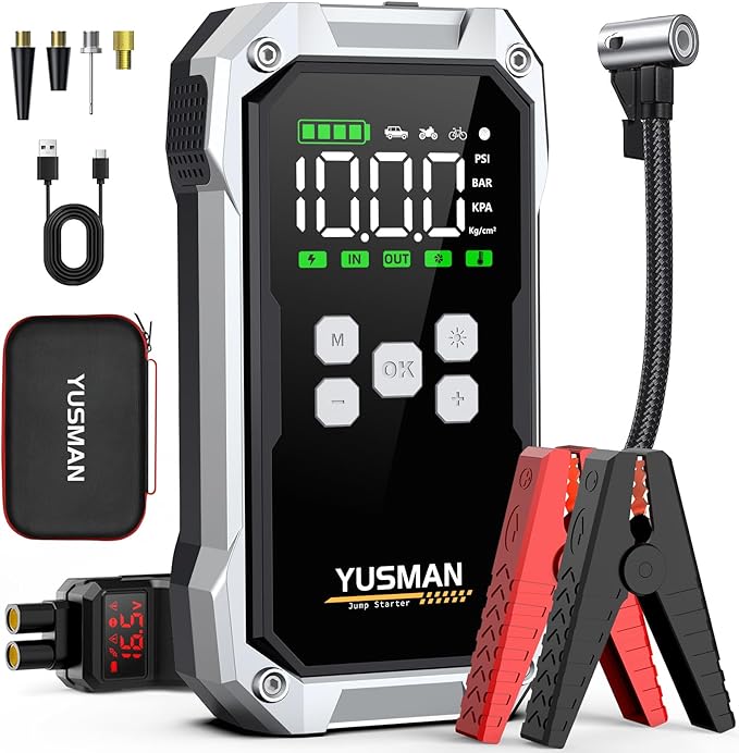 Car Jump Starter with Air Compressor, 9000A 160PSI Jump Starter Pack (All Gas/10.0L Diesel), 12V Battery Jump Starter with Display, Smart Jumper Cables, 2 LED Light