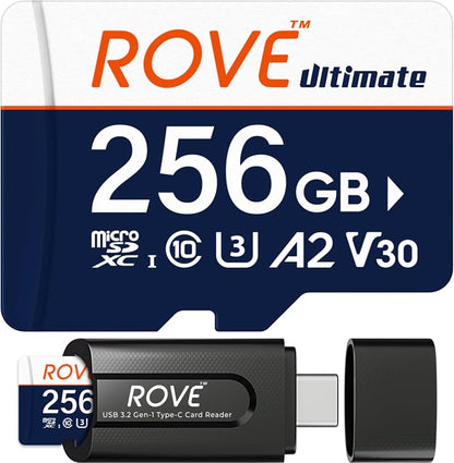 ROVE Ultimate Micro SD Card microSDXC 256GB Memory Card with USB 3.2 Type C Card Reader 512GB 170MB/s C10, U3, V30, 4K, A2 for Dash Cam, Android Smart Phones, Tablets, Games