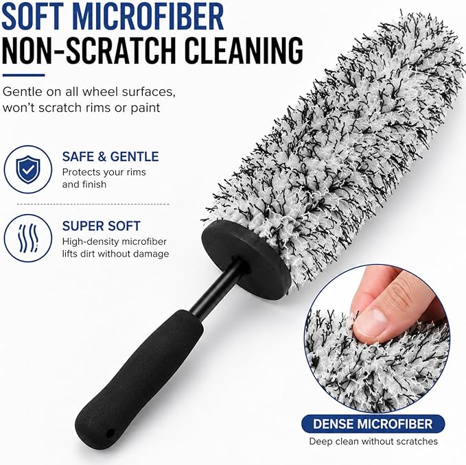 Long Handle Wheel Barrel Brush, Soft Microfiber Wheel Cleaner Brush, Non-Scratch Car Detailing Tool for Rim Cleaning and Tire Detailing (Black)