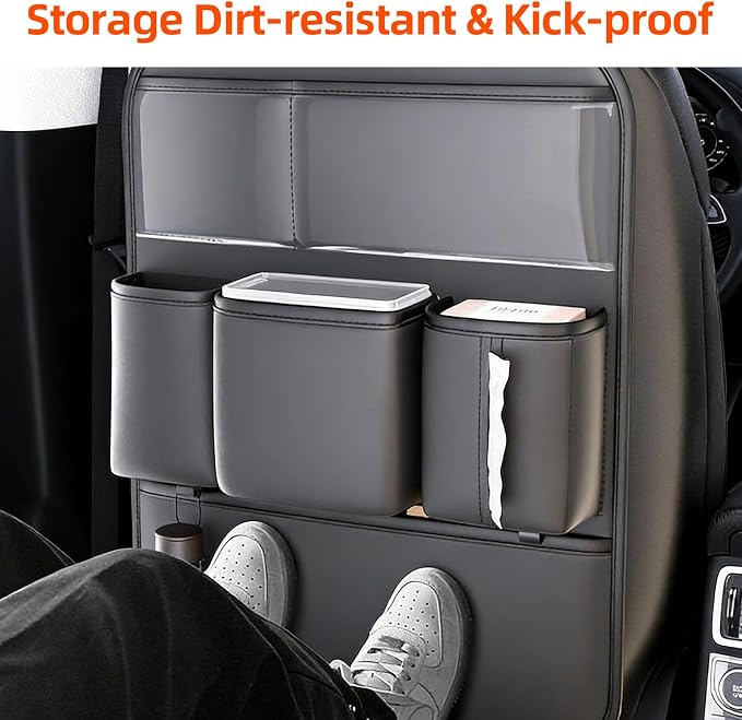 Leather Car Seat Back Organizer, Backseat Kick Mat Protector with Clear Touchscreen Tablet Holder, Cup Holder, Tissue Holder and Storage Pockets, Fits Cars SUVs Minivans, Black