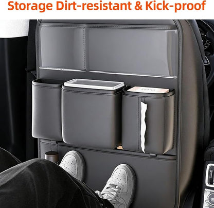 Leather Car Seat Back Organizer, Backseat Kick Mat Protector with Clear Touchscreen Tablet Holder, Cup Holder, Tissue Holder and Storage Pockets, Fits Cars SUVs Minivans, Black