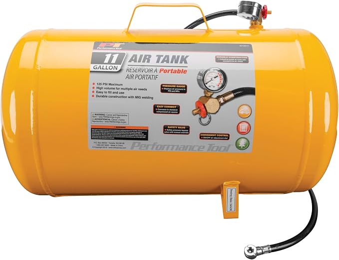 Performance Tool W10011 Hi-viz 11-Gallon Horizontal Portable Air Tank With Tire Air Chuck , Yellow