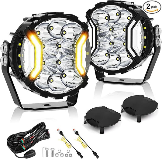 MICTUNING 5" Side Shooter Light Bar, 5Inch 180W Round Offroad Lights LED Pods 24163LM, Amber DRL & Spotlight Dual Color 270° Wider Off Road Lighting with Protective Covers, Pair