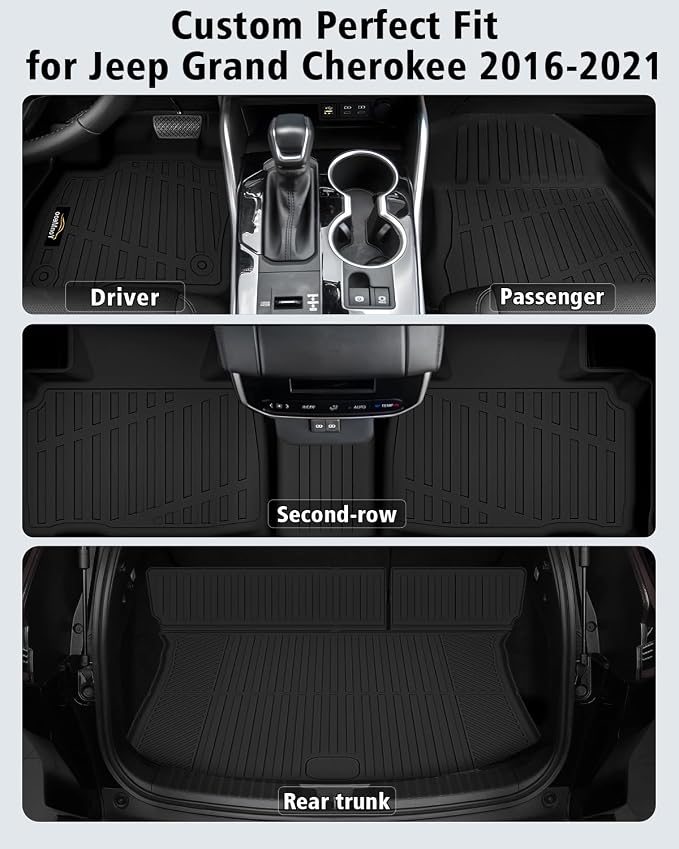 Floor Mats & Trunk Mat Custom for Jeep Grand Cherokee & Dodge Durango 2016-2021/Grand Cherokee WK 2022 (Not for L) All Weather TPE Rubber Cargo Liner Automotive Full Set Accessories- Black