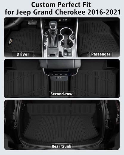 Floor Mats & Trunk Mat Custom for Jeep Grand Cherokee & Dodge Durango 2016-2021/Grand Cherokee WK 2022 (Not for L) All Weather TPE Rubber Cargo Liner Automotive Full Set Accessories- Black