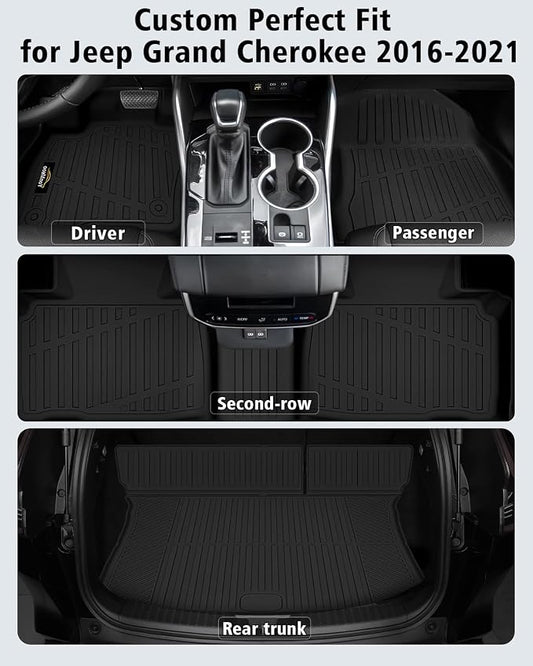 Floor Mats & Trunk Mat Custom for Jeep Grand Cherokee & Dodge Durango 2016-2021/Grand Cherokee WK 2022 (Not for L) All Weather TPE Rubber Cargo Liner Automotive Full Set Accessories- Black