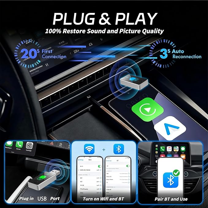Wireless CarPlay Adapter for iPhone & Android Auto 2026 Upgrade 2-in-1, Wired to Wireless, One-Touch Switch, Fast & Stable Connection, Plug & Play, 5GHz WiFi & Bluetooth 5.3, iOS 10+ & Android 11+