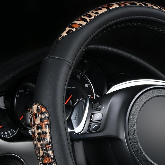 Flying Banner car Steering Wheel Cover Gel Massage Velvet Cool Warm Universal Size 15 inches SUV Truck Anti Slip Odorless Summer Winter (Black Brown Leopard Print, Gel Massage)