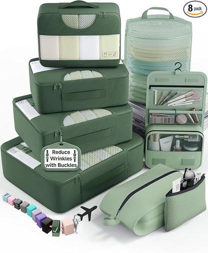 Veken 8 Set Packing Cubes for Travel Essentials,Anti-Wrinkle Buckled Suitcase Organizer for Shoe & Toiletry Bag,Carry On Luggage Bag with 99+ Count Mesh Holes for Airplane & College Dorm Accessories