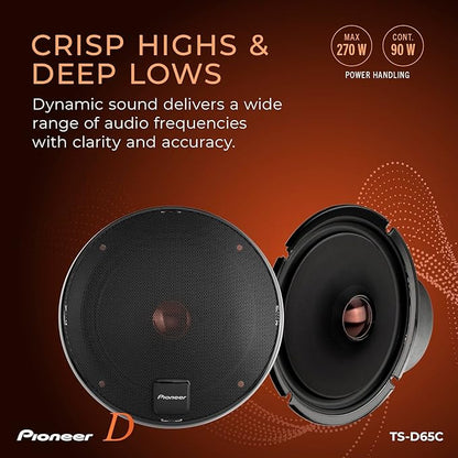 PIONEER D-Series TS-D65C 6.5” 2-Way Speakers (Pair) – 270W Max, Crisp Highs + Clear Vocals, Ideal Factory Upgrade, Add an Amplifier for Even Better Performance