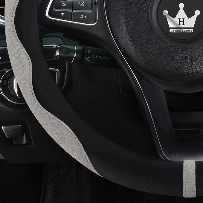 HighnessHwoo Luxury Suede Steering Wheel Cover for Cars, Soft Leather Padded Wheels Cover for Sedan, SUV, Thin Car Handle Cover, Universal Fit, Anti Slip, 14.75-15.15in, Gray